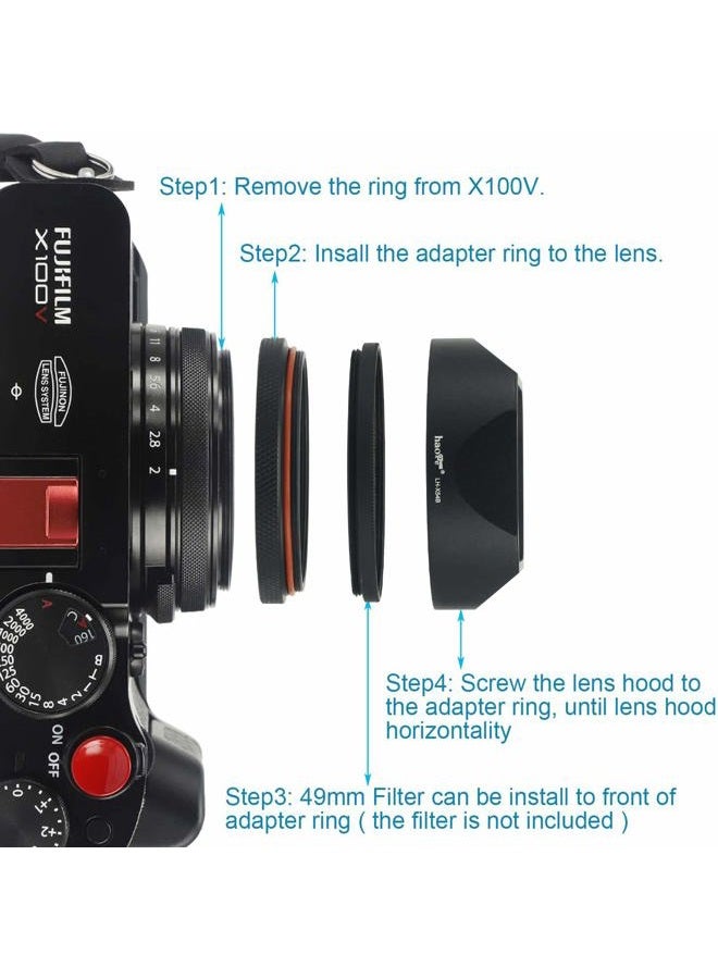 Haoge Square Metal Lens Hood Shade for Fuji X100VI Fujifilm FinePix X100V X100F X100 X100S X100T X70 Camera Black with Cap and 49mm Adapter Ring Kit - Image 5