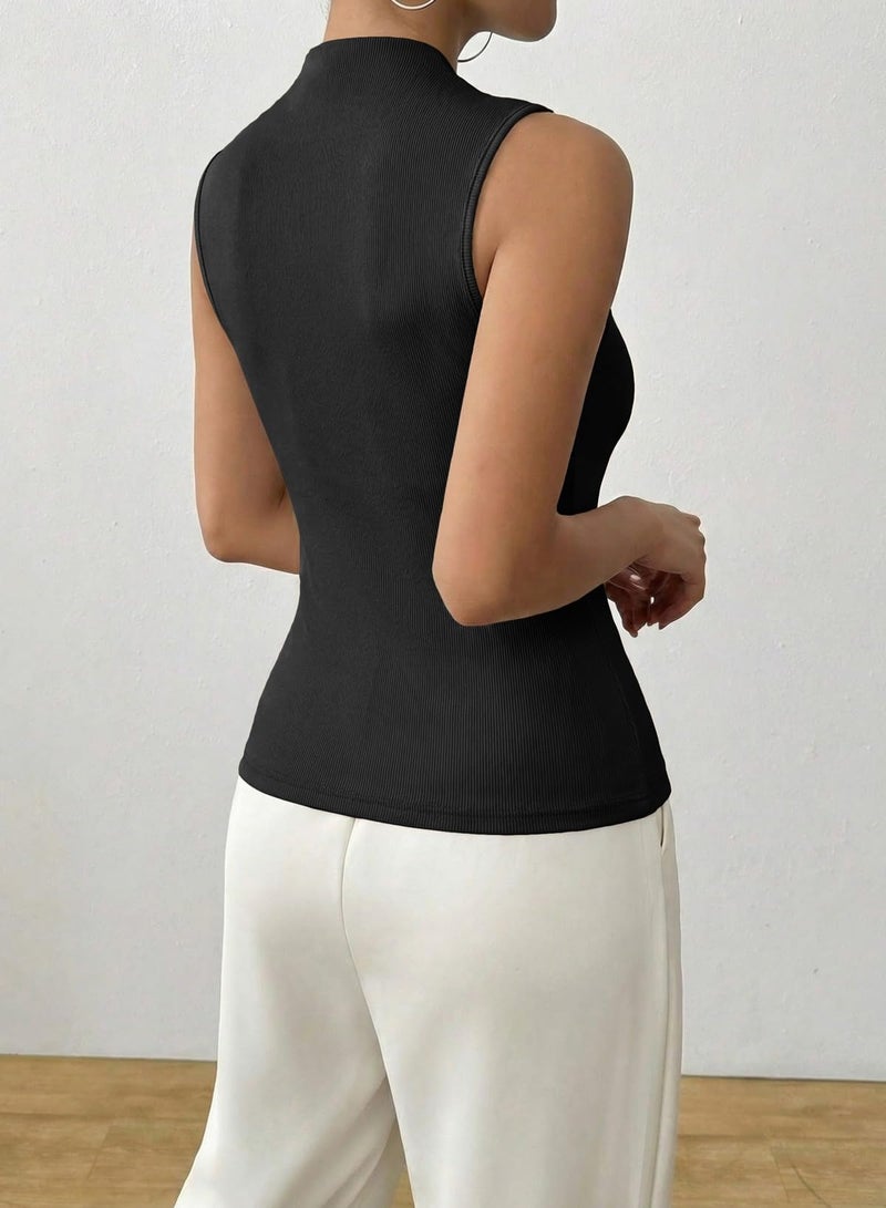 EVALESS Women's Asymmetrical Neck Elegant Metal Decor Slim Fit Sleeveless Shirts 2026 Spring Fashion Casual Tee Going Out Tank Tops Black M - Image 4