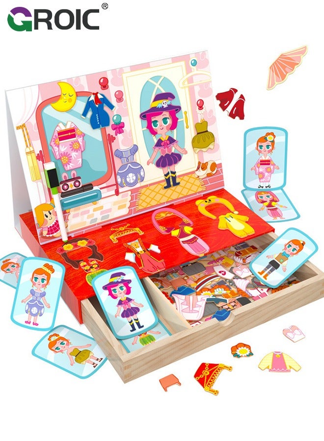 GROIC Magnetic Drawing Board, Girls Dress up themed toys, Magnetic Jigsaw Puzzle,Wooden Puzzles Games Toys for Kids Drawing Learning - Image 1