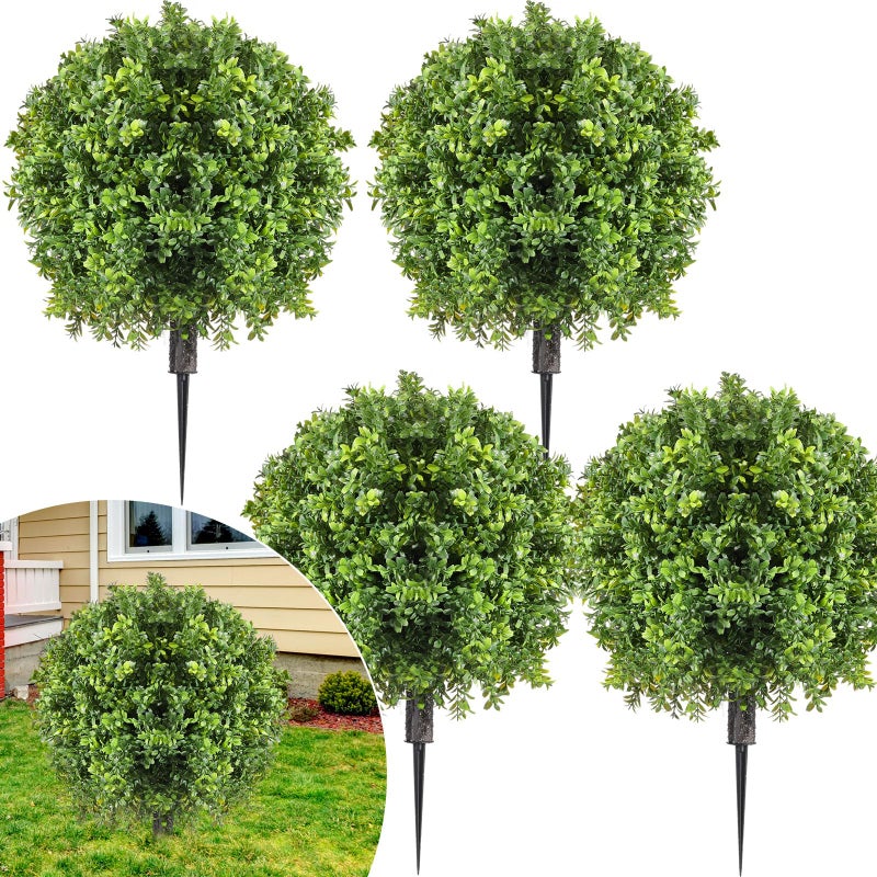 Canlierr 4 Pcs Artificial Boxwood Topiary Ball Bush 26 Tree UV Resistant with Spike Easy to Push in The Ground Fake Boxwood Plants Faux Greenery Shrubs for Indoor Outdoor Home Garden Light Green