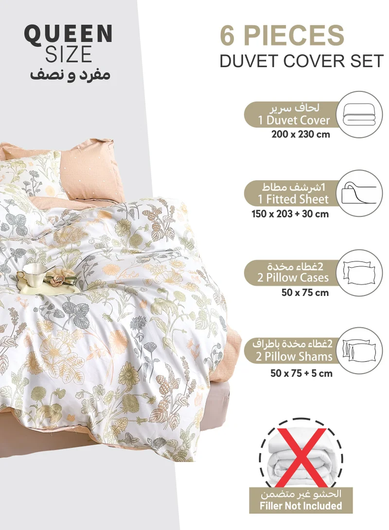 Donetella Printed Duvet Set, Queen Size 200x230 cm - 6-Pcs Bed Set, Microfiber Fabric - 1 Duvet Cover, 1 Fitted Sheet, 2 Pillow Shams, 2 Pillowcases (Filler Not Included)