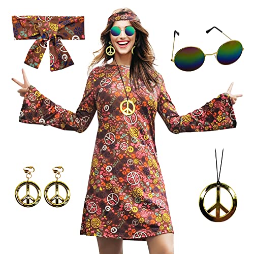 MRYUWB 70s Hippie Dress Costumes Necklace Earrings Sunglass Women Disco Outfit, 60s Party Costume, Halloween Retro Dresses (Brown, M) - Image 1