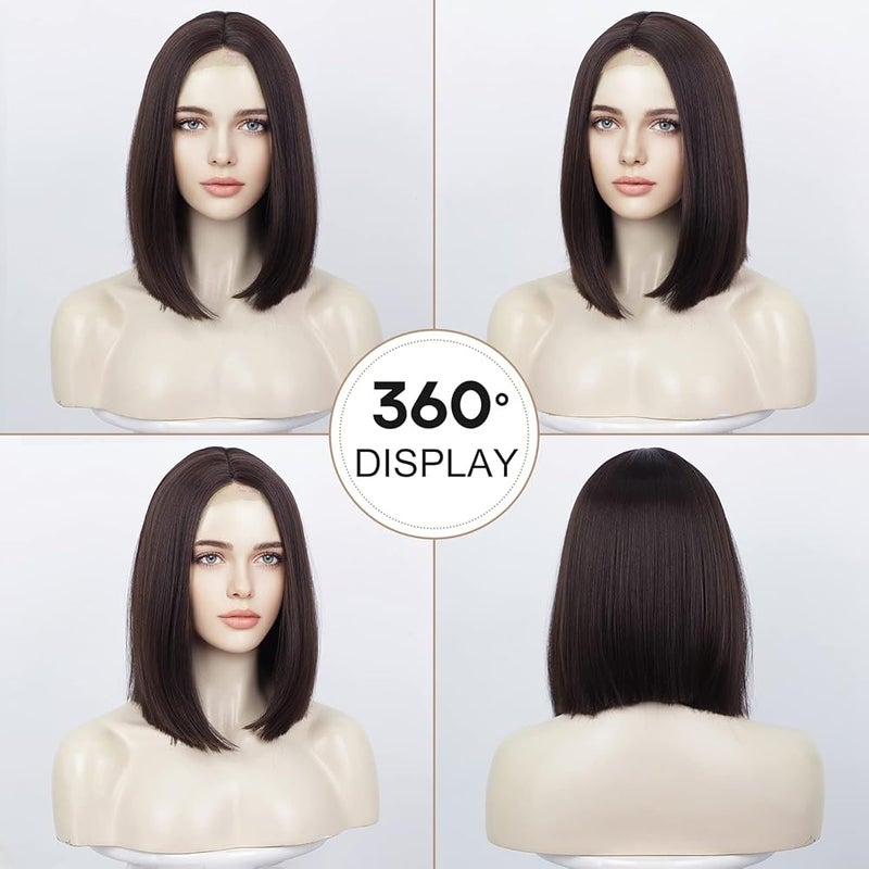 اي سي اي اف باروكات شعر ECIF للنساء بشعر بني غامق مستقيم، باروكة شعر قصيرة مربوطة يدويًا، مقاومة للحرارة، طول خط الشعر حتى الكتف، جزء طبيعي في المنتصف (12 بوصة) - Image 2