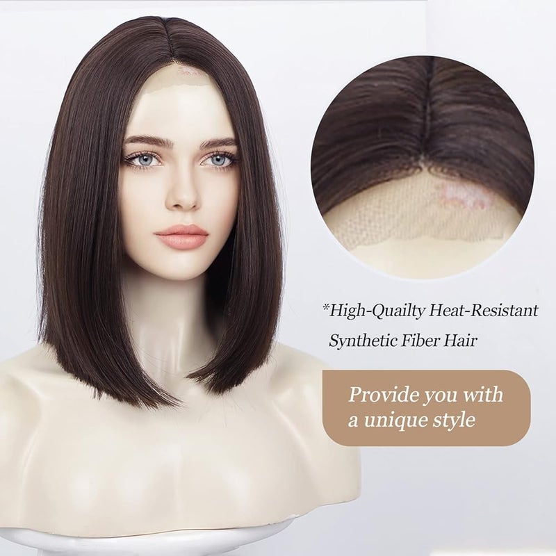 اي سي اي اف باروكات شعر ECIF للنساء بشعر بني غامق مستقيم، باروكة شعر قصيرة مربوطة يدويًا، مقاومة للحرارة، طول خط الشعر حتى الكتف، جزء طبيعي في المنتصف (12 بوصة) - Image 4