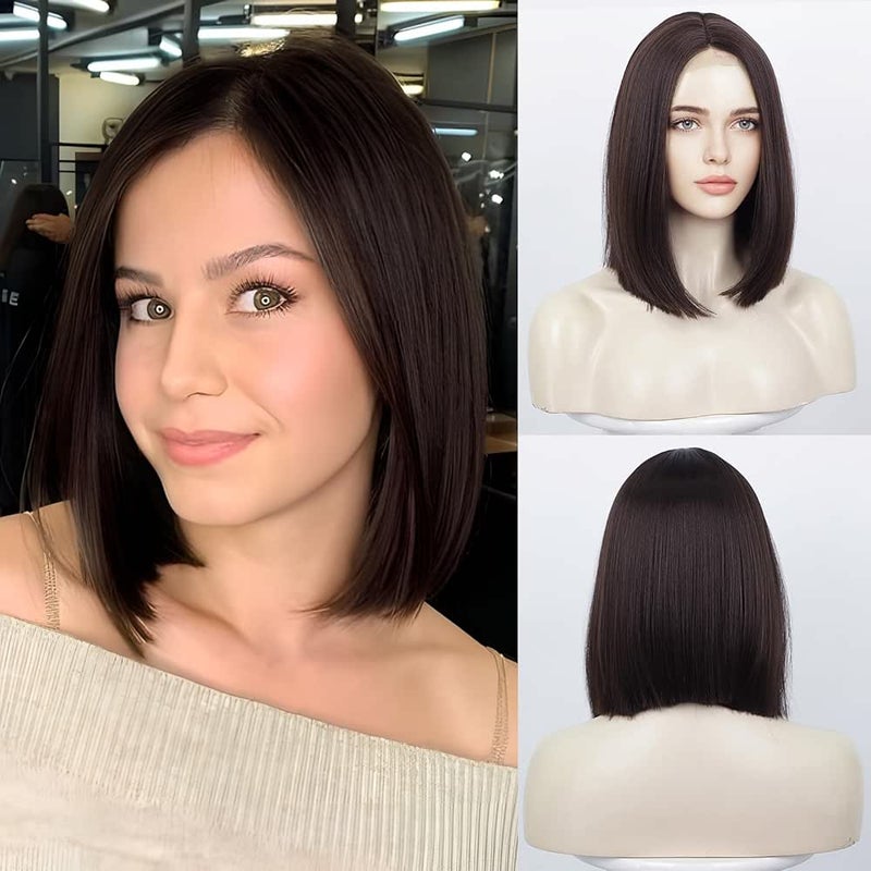 اي سي اي اف باروكات شعر ECIF للنساء بشعر بني غامق مستقيم، باروكة شعر قصيرة مربوطة يدويًا، مقاومة للحرارة، طول خط الشعر حتى الكتف، جزء طبيعي في المنتصف (12 بوصة) - Image 1