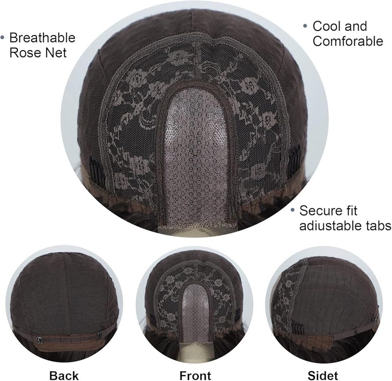 اي سي اي اف باروكات شعر ECIF للنساء بشعر بني غامق مستقيم، باروكة شعر قصيرة مربوطة يدويًا، مقاومة للحرارة، طول خط الشعر حتى الكتف، جزء طبيعي في المنتصف (12 بوصة) - Image 5