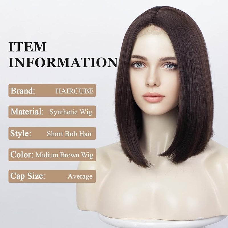 اي سي اي اف باروكات شعر ECIF للنساء بشعر بني غامق مستقيم، باروكة شعر قصيرة مربوطة يدويًا، مقاومة للحرارة، طول خط الشعر حتى الكتف، جزء طبيعي في المنتصف (12 بوصة) - Image 3