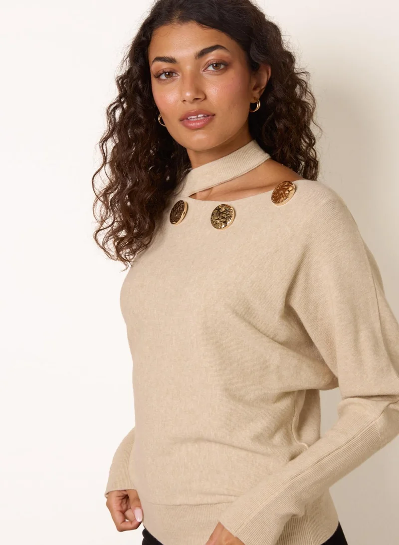 بلو فانيلا Button Detail Cut-Out Batwing Jumper