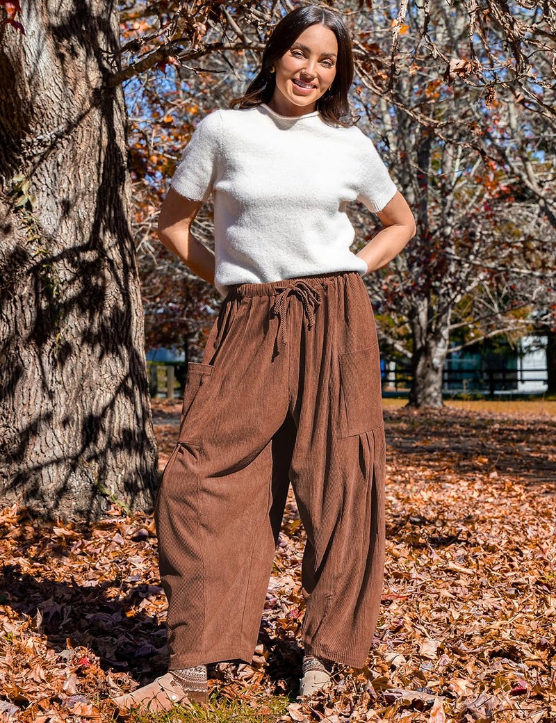 TARSE Corduroy Pants for Women Wide Leg Drawstring Baggy Barrel Travel Vacation Palazzo Harem Pants with Pockets, Brown, XXL - Image 3