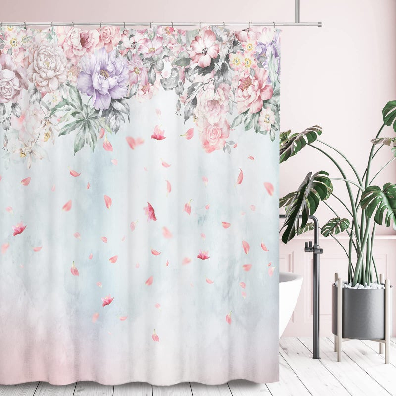 Tititex Pink Lilac Roses Flower Shower Curtain Sets, Falling Blush Blossoming Petals Bathroom Decorative 70x70 Inch Polyester Waterproof Bathroom Curtain with Hooks - Image 1