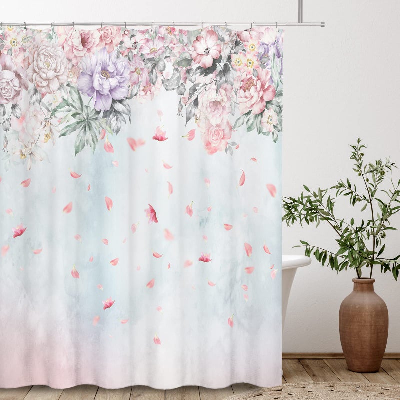 Tititex Pink Lilac Roses Flower Shower Curtain Sets, Falling Blush Blossoming Petals Bathroom Decorative 70x70 Inch Polyester Waterproof Bathroom Curtain with Hooks - Image 2