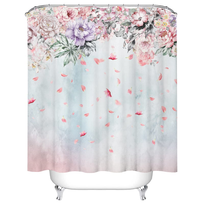 Tititex Pink Lilac Roses Flower Shower Curtain Sets, Falling Blush Blossoming Petals Bathroom Decorative 70x70 Inch Polyester Waterproof Bathroom Curtain with Hooks - Image 4