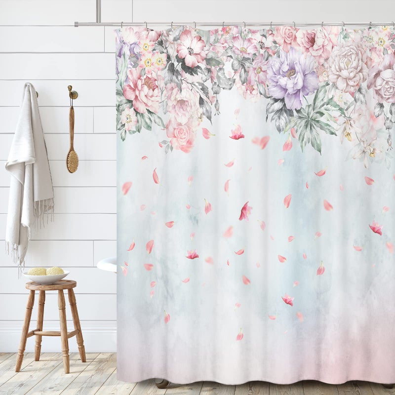Tititex Pink Lilac Roses Flower Shower Curtain Sets, Falling Blush Blossoming Petals Bathroom Decorative 70x70 Inch Polyester Waterproof Bathroom Curtain with Hooks - Image 3