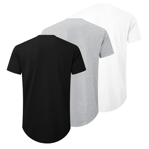 TEZO Mens 3 Pack Plain Cotton Shirts Short Sleeve Casual Crew Neck T-Shirts Hipster Hip Hop Longline Tees Shirts Drop Cut Curved Hem Shirt (BKLGWT L) - Image 2