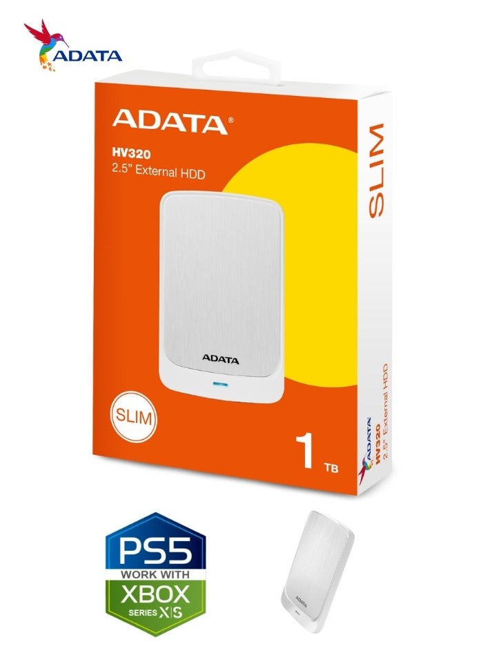 ADATA HV320 1TB External HDD Slim Hard Drive | Compatible with PS5 XBOX for Superfast Gaming Fast Data Transfer | White  - Image 2