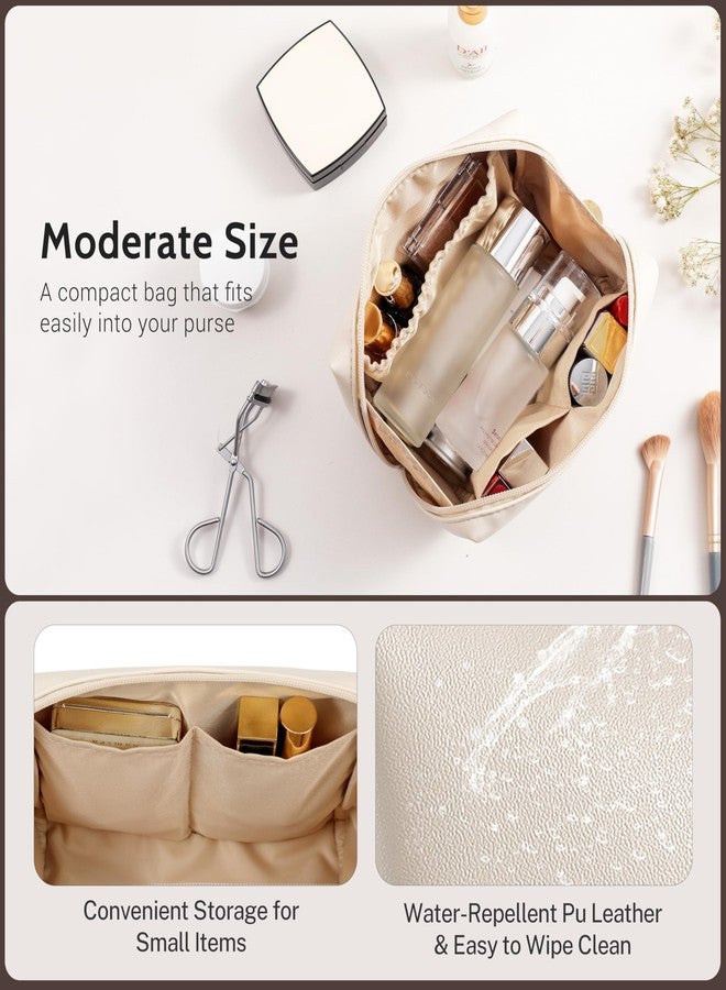 Aveniee Small Travel Makeup Bag Organizer, Cute Make up Bag for Purses, Vegan Leather Cosmetic Pouch with Zipper, Travel Toiletry Bag for Women, Wide-open Travel Essentials with Brush Pockets, Beige - Image 4