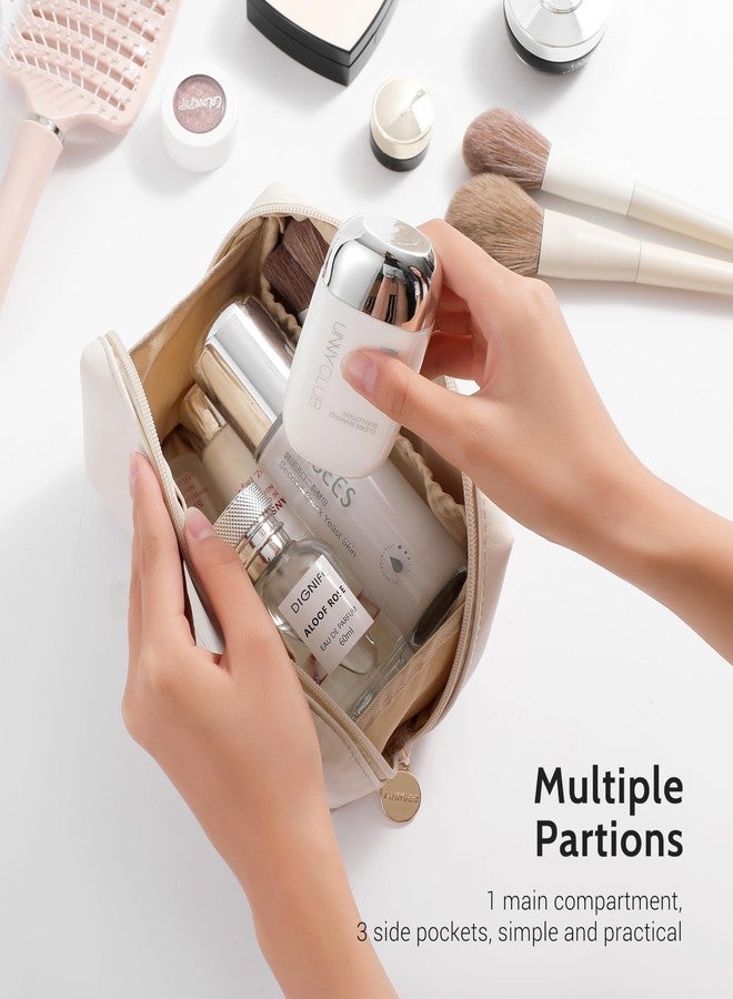 Aveniee Small Travel Makeup Bag Organizer, Cute Make up Bag for Purses, Vegan Leather Cosmetic Pouch with Zipper, Travel Toiletry Bag for Women, Wide-open Travel Essentials with Brush Pockets, Beige - Image 2