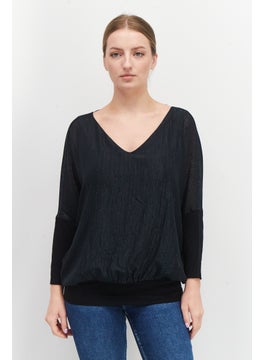 ESPRIT Women V-Neck Long Sleeve Metallic Blouse, Black  - Image 1