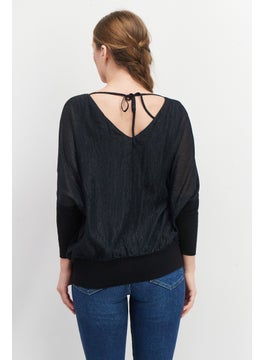 ESPRIT Women V-Neck Long Sleeve Metallic Blouse, Black  - Image 3