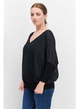 ESPRIT Women V-Neck Long Sleeve Metallic Blouse, Black  - Image 2