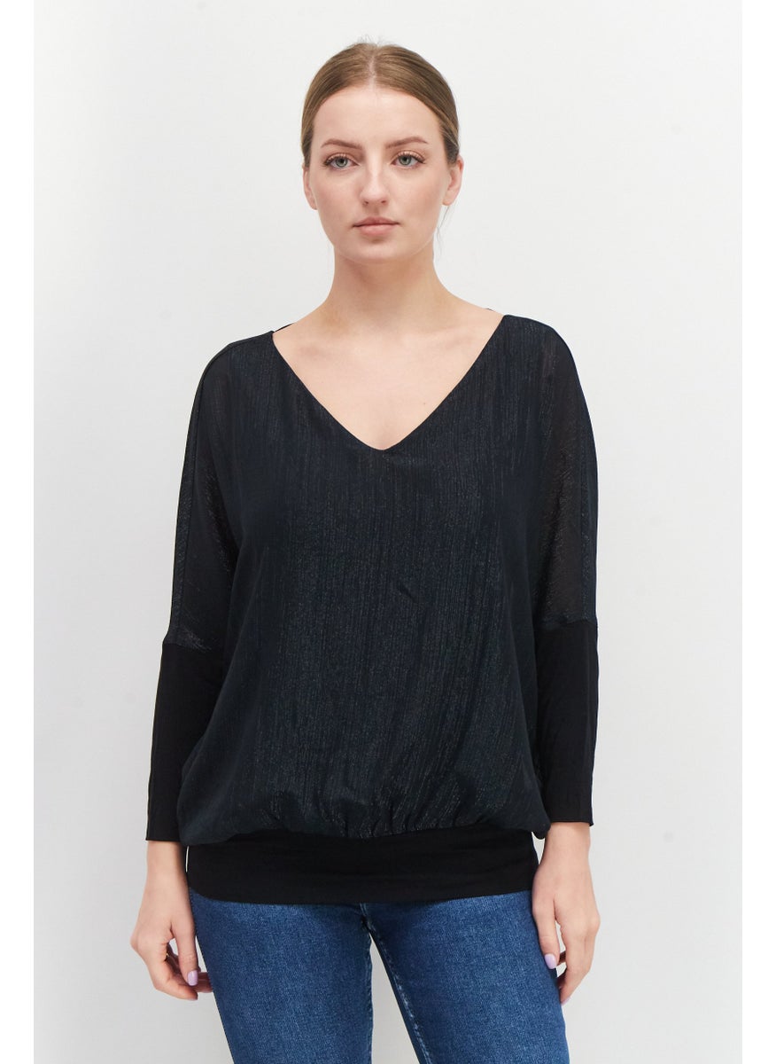 ESPRIT - Women V-Neck Long Sleeve Metallic Blouse, Black - Image 1