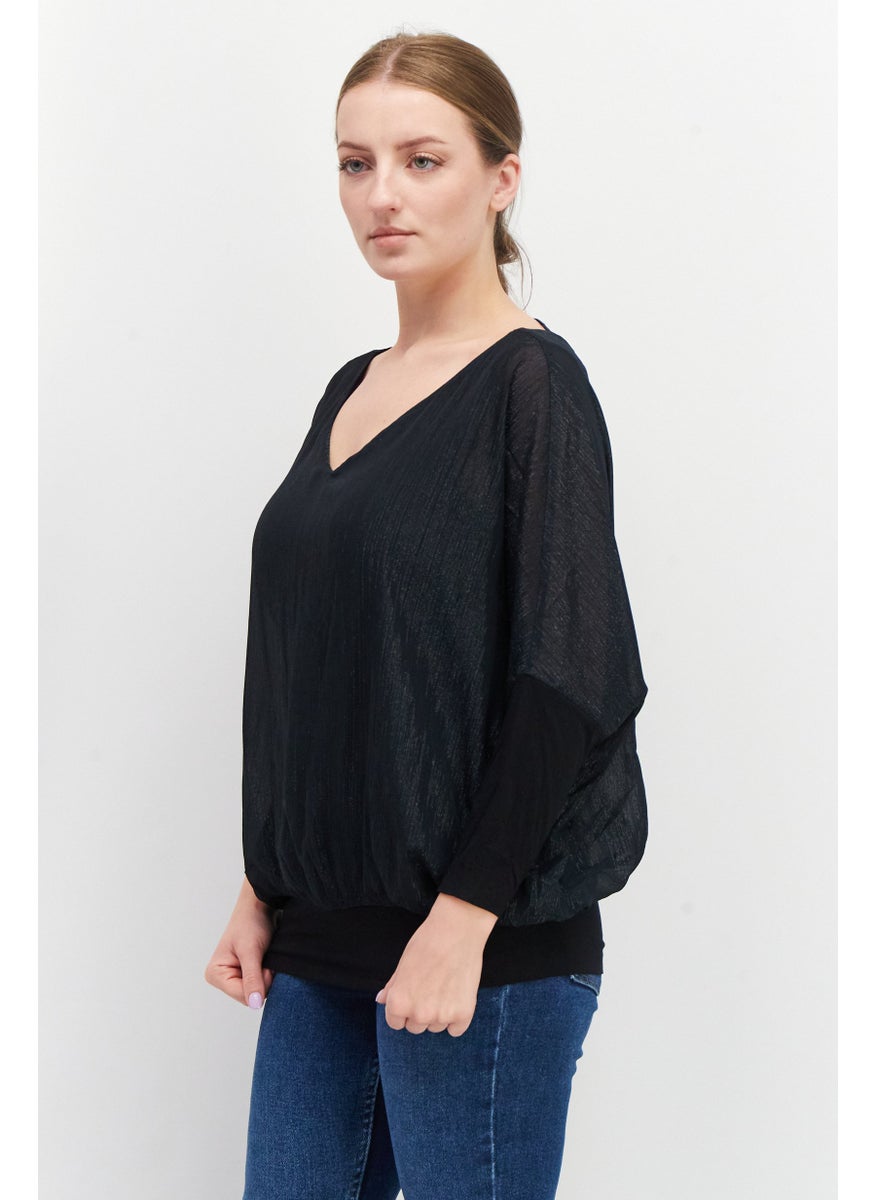 ESPRIT - Women V-Neck Long Sleeve Metallic Blouse, Black - Image 1
