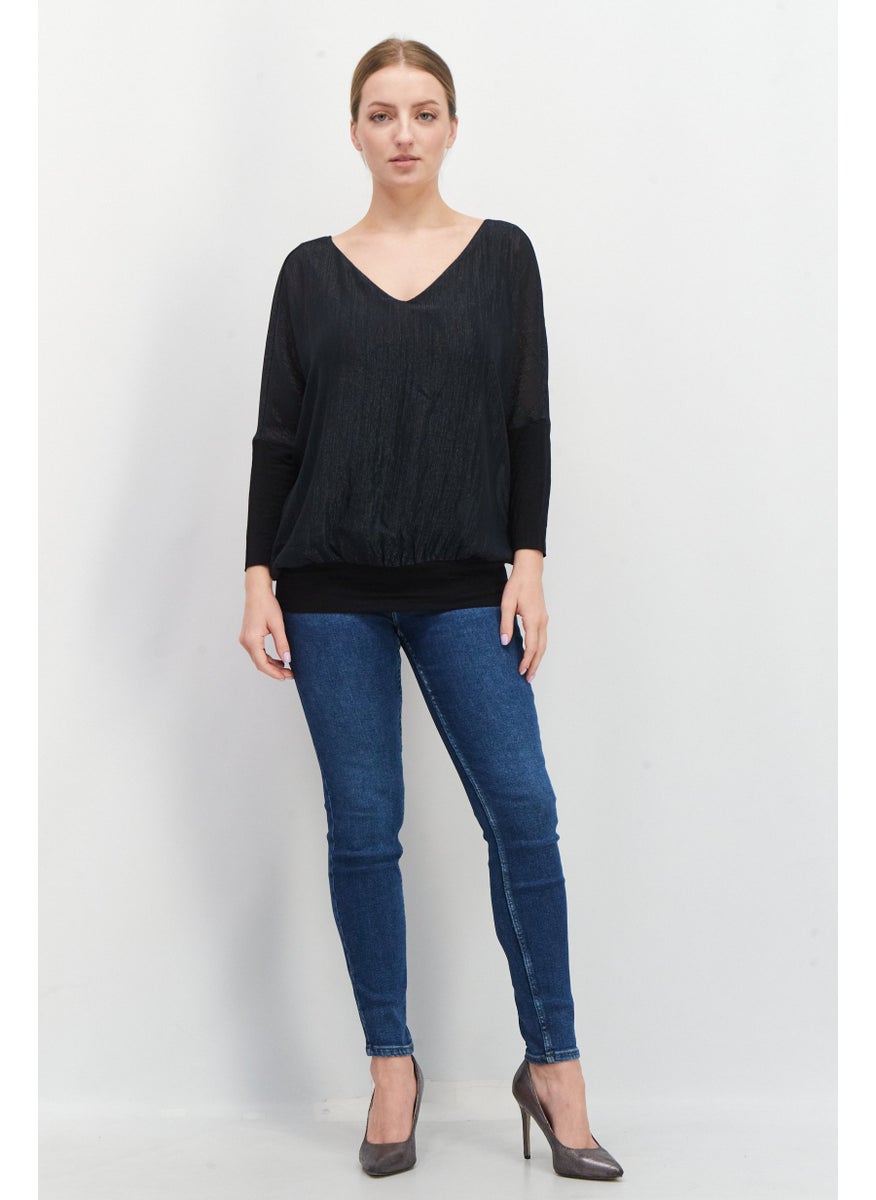 ESPRIT - Women V-Neck Long Sleeve Metallic Blouse, Black - Image 1