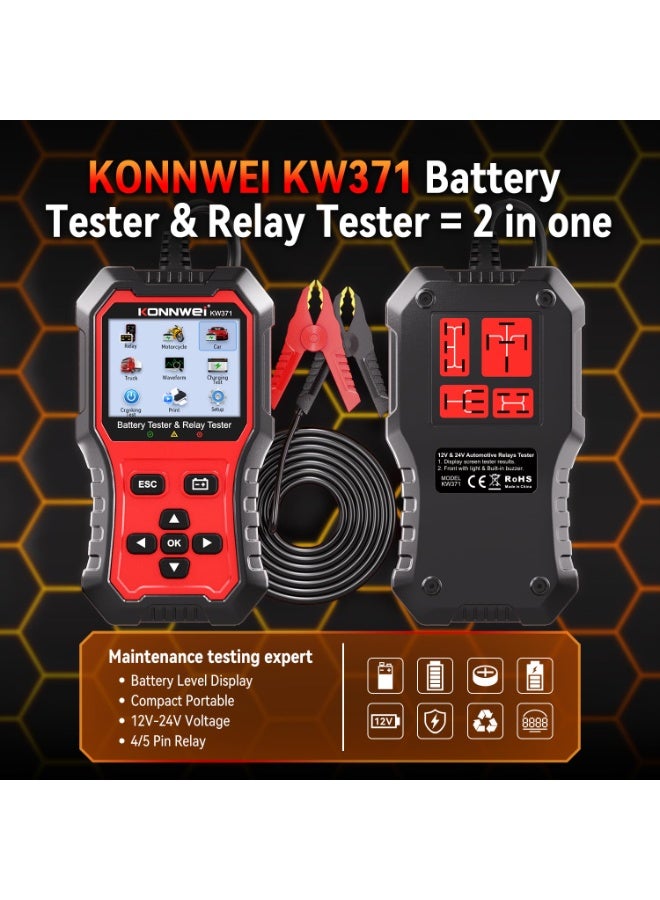 Konnwei KW371 6V/12V/24V Battery Tester & 4/5Pin Relay Tester 2 in 1, Car Battery Tester Automotive with Cranking & Charging Load Test, 4/5-pin Relay Tester, CCA 10-2000, No Batteries Required - Image 2