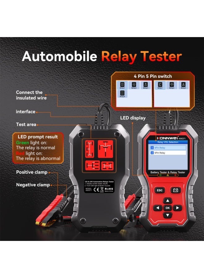 Konnwei KW371 6V/12V/24V Battery Tester & 4/5Pin Relay Tester 2 in 1, Car Battery Tester Automotive with Cranking & Charging Load Test, 4/5-pin Relay Tester, CCA 10-2000, No Batteries Required - Image 3
