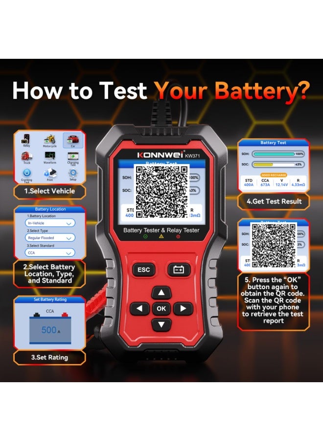 Konnwei KW371 6V/12V/24V Battery Tester & 4/5Pin Relay Tester 2 in 1, Car Battery Tester Automotive with Cranking & Charging Load Test, 4/5-pin Relay Tester, CCA 10-2000, No Batteries Required - Image 4