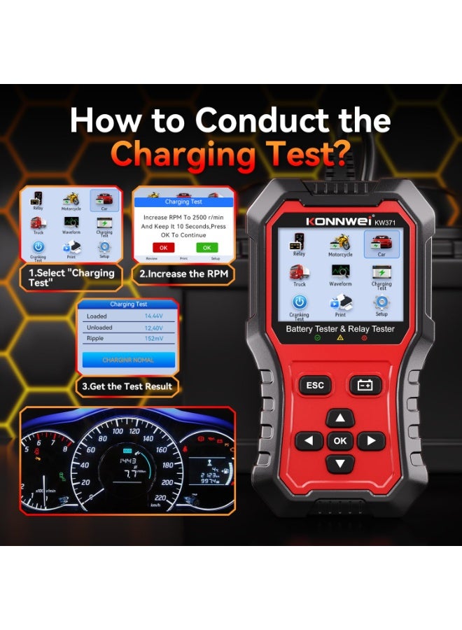 Konnwei KW371 6V/12V/24V Battery Tester & 4/5Pin Relay Tester 2 in 1, Car Battery Tester Automotive with Cranking & Charging Load Test, 4/5-pin Relay Tester, CCA 10-2000, No Batteries Required - Image 5