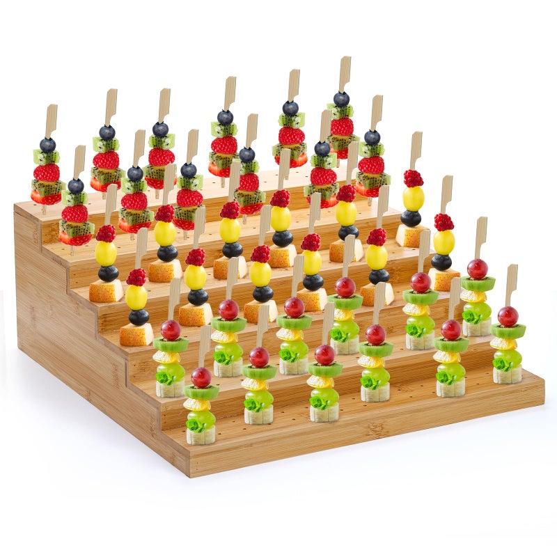 Kingrol Appetizer Skewer Display with 180 Holes and 100 Skewers, 6 Tier Bamboo Food Display Stand for Fruit, Veggie, Meat, and Cheese - Image 1