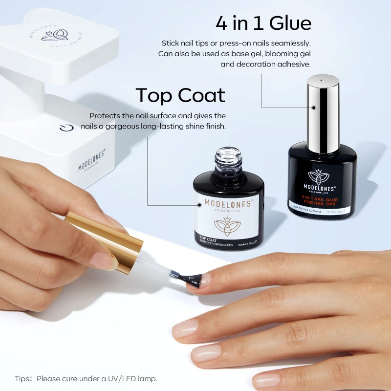 modelones Gel Nail Glue 9 in One Base Gel and No Wipe Top Coat Set 2Pcs for Gel Nail Polish Adhesive Nail Extension Gel Rhinestone Glue Nail Art LED Need 15ml - Image 3