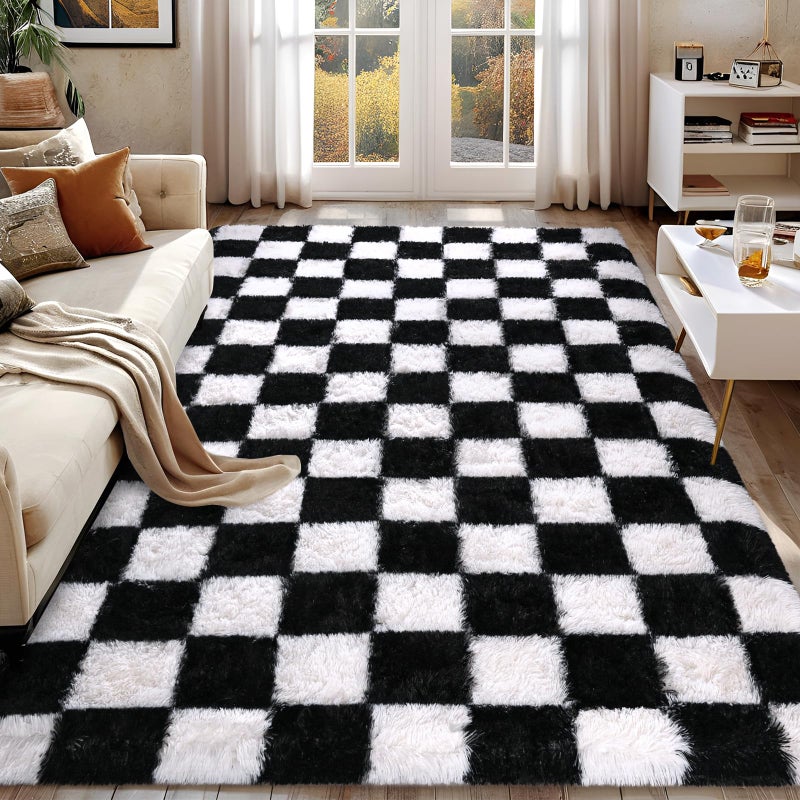 FALARK Rugs for Bedroom Living Room, 4x6 ft Black and White Checkered Area Rug, Fluffy Soft Washable Carpet, Modern Non-Slip Shag Carpets for Boys Girls Nursery Home Aesthetic Decor - Image 1