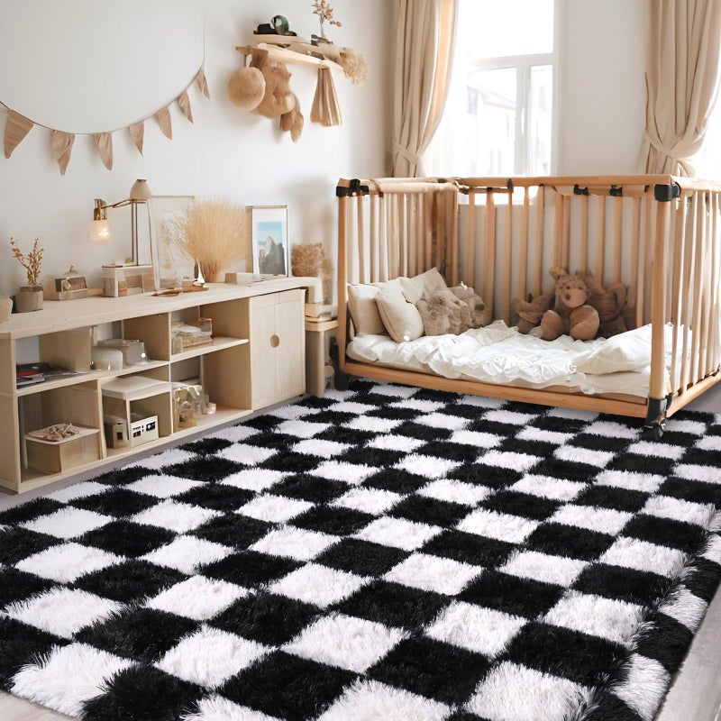 FALARK Rugs for Bedroom Living Room, 4x6 ft Black and White Checkered Area Rug, Fluffy Soft Washable Carpet, Modern Non-Slip Shag Carpets for Boys Girls Nursery Home Aesthetic Decor - Image 3