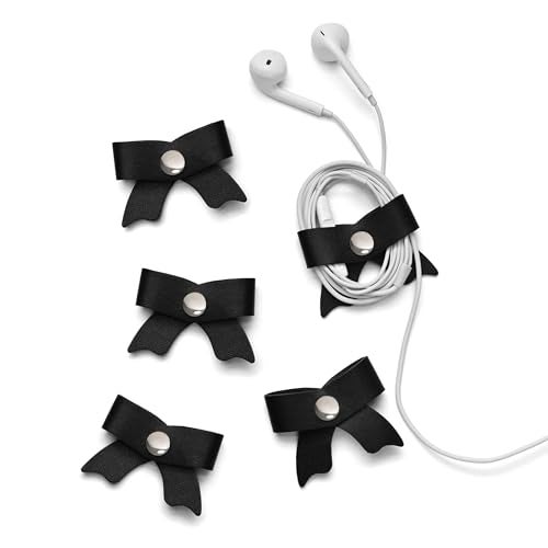 SenseAGE 5 Pack Cord Organizer, Bow Cord Keeper, Cable Organizer USB Holder, Leather Cable Management, Cable Straps, Earphone Winder, Storage Straps for Electronics, Earbuds, Small, Black - Image 1