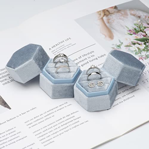 Giftop Equal Hexagon Velvet Ring Box Storage 3 Slots for Wedding Ceremony Proposal Engagement Birthday (Light Ocean Blue) - Image 5
