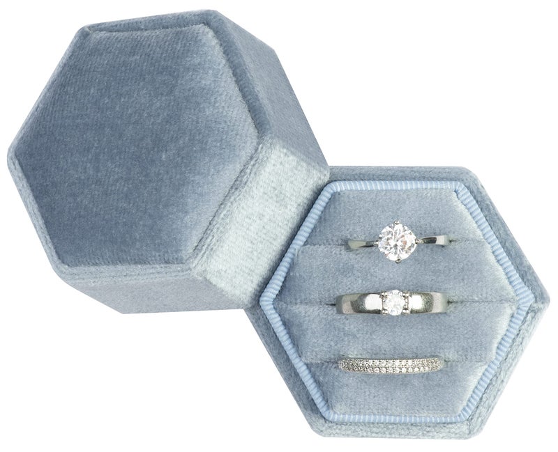 Giftop Equal Hexagon Velvet Ring Box Storage 3 Slots for Wedding Ceremony Proposal Engagement Birthday (Light Ocean Blue) - Image 2