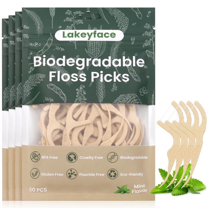 Lakeyface 200 Count Biodegradable Dental Floss Picks, Eco Friendly Plant-Based Tooth Flossers for adults, Tear-Resistant Floss Sticks with Wide Handles, Vegan & BPA Free Dental Floss for Natural Oral Care, Mint - Image 1