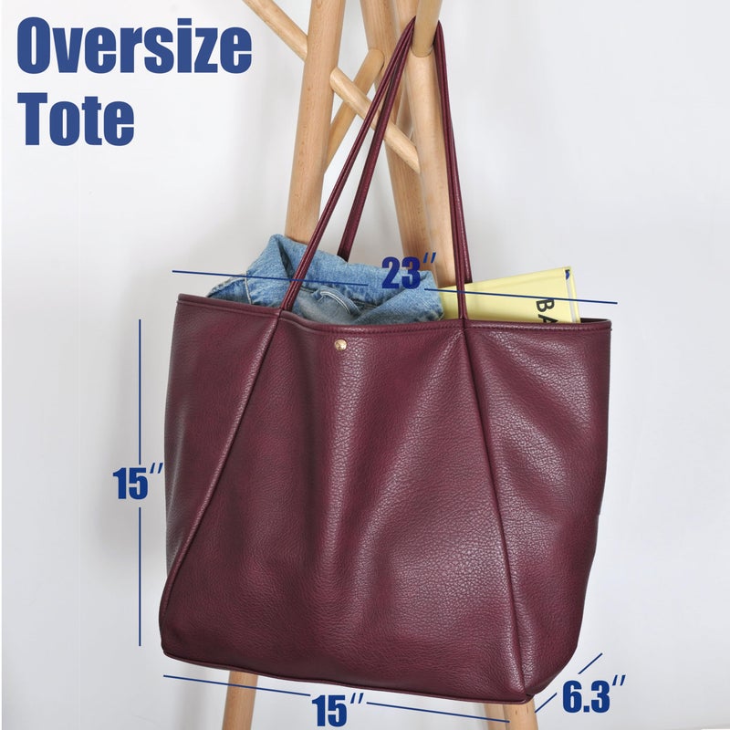 Hoxis Oversize Pu Leather Tote Women Weekender Bag Shopper Handbag Travel Purse (Dark Red) - Image 4