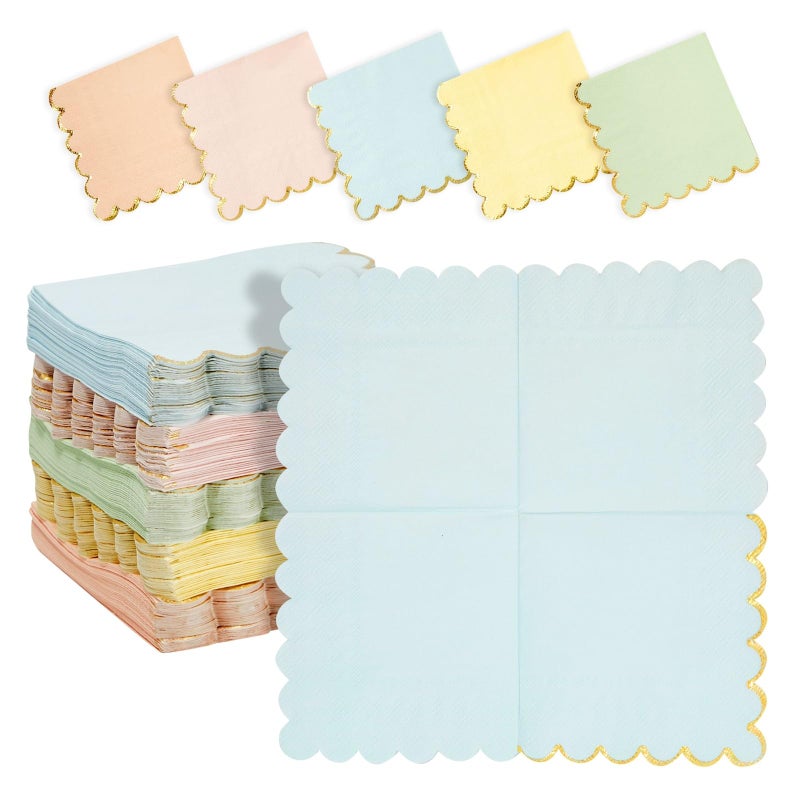 Sparkle and Bash Pastel Napkins  150Pack 5 x 5 3Ply Gold Foil Scalloped Edge 5 Colors  Tea Party Decorations  Cocktail Napkins  Princess  Baby Shower Decor