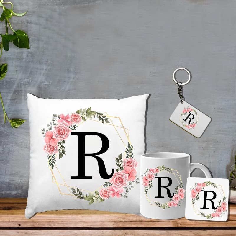 SAVRI Personalized Initial Letter Combo Set of Cushion Mug Tea Coaster KeyChain Best Gift for BirthdayAnniversary Unique for Home Decoration Initial Letter R - Image 1