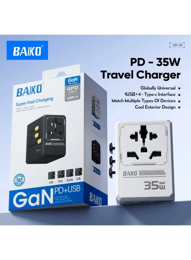 BAIKO 35W GaN Universal Travel Charger Adapter with PD Fast Charging, 1 USB + 4 Type-C Ports, Worldwide Multi Plug, Compact Travel Power Adapter for Mobile, Tablet & Laptop – UK Plug - Image 1