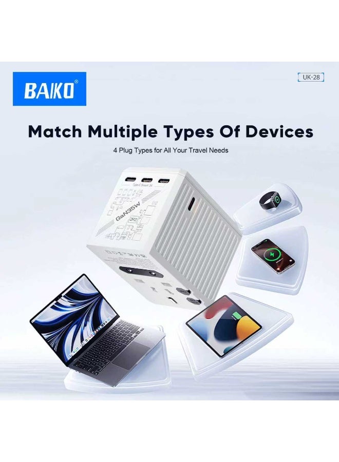 BAIKO 35W GaN Universal Travel Charger Adapter with PD Fast Charging, 1 USB + 4 Type-C Ports, Worldwide Multi Plug, Compact Travel Power Adapter for Mobile, Tablet & Laptop – UK Plug - Image 4