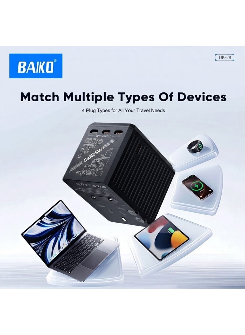 BAIKO 35W GaN Universal Travel Charger Adapter with PD Fast Charging, 1 USB + 4 Type-C Ports, Worldwide Multi Plug, Compact Travel Power Adapter for Mobile, Tablet & Laptop – UK Plug - Image 3