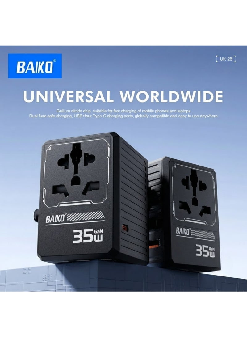 BAIKO 35W GaN Universal Travel Charger Adapter with PD Fast Charging, 1 USB + 4 Type-C Ports, Worldwide Multi Plug, Compact Travel Power Adapter for Mobile, Tablet & Laptop – UK Plug - Image 1