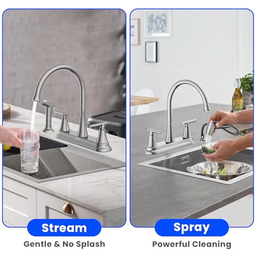 HURRAN 2-Handle Kitchen Faucet with Pull-Out Side Sprayer, 8 Inch High Arch Stainless Steel 360°Rotating Kitchen Sink Faucet, 4 Hole Faucet for Kitchen Bar Rv Camper, Nickel - Image 3