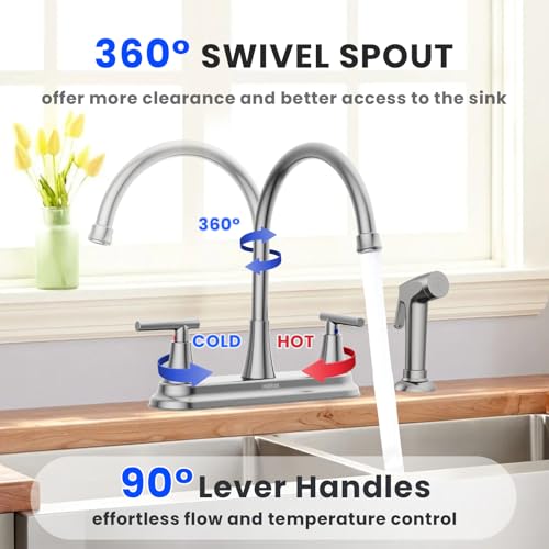 HURRAN 2-Handle Kitchen Faucet with Pull-Out Side Sprayer, 8 Inch High Arch Stainless Steel 360°Rotating Kitchen Sink Faucet, 4 Hole Faucet for Kitchen Bar Rv Camper, Nickel - Image 5