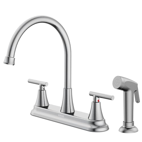 HURRAN 2-Handle Kitchen Faucet with Pull-Out Side Sprayer, 8 Inch High Arch Stainless Steel 360°Rotating Kitchen Sink Faucet, 4 Hole Faucet for Kitchen Bar Rv Camper, Nickel - Image 1