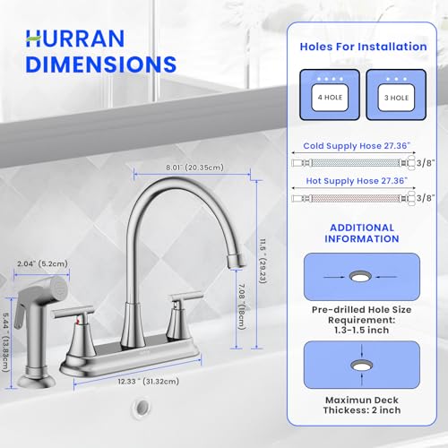 HURRAN 2-Handle Kitchen Faucet with Pull-Out Side Sprayer, 8 Inch High Arch Stainless Steel 360°Rotating Kitchen Sink Faucet, 4 Hole Faucet for Kitchen Bar Rv Camper, Nickel - Image 2